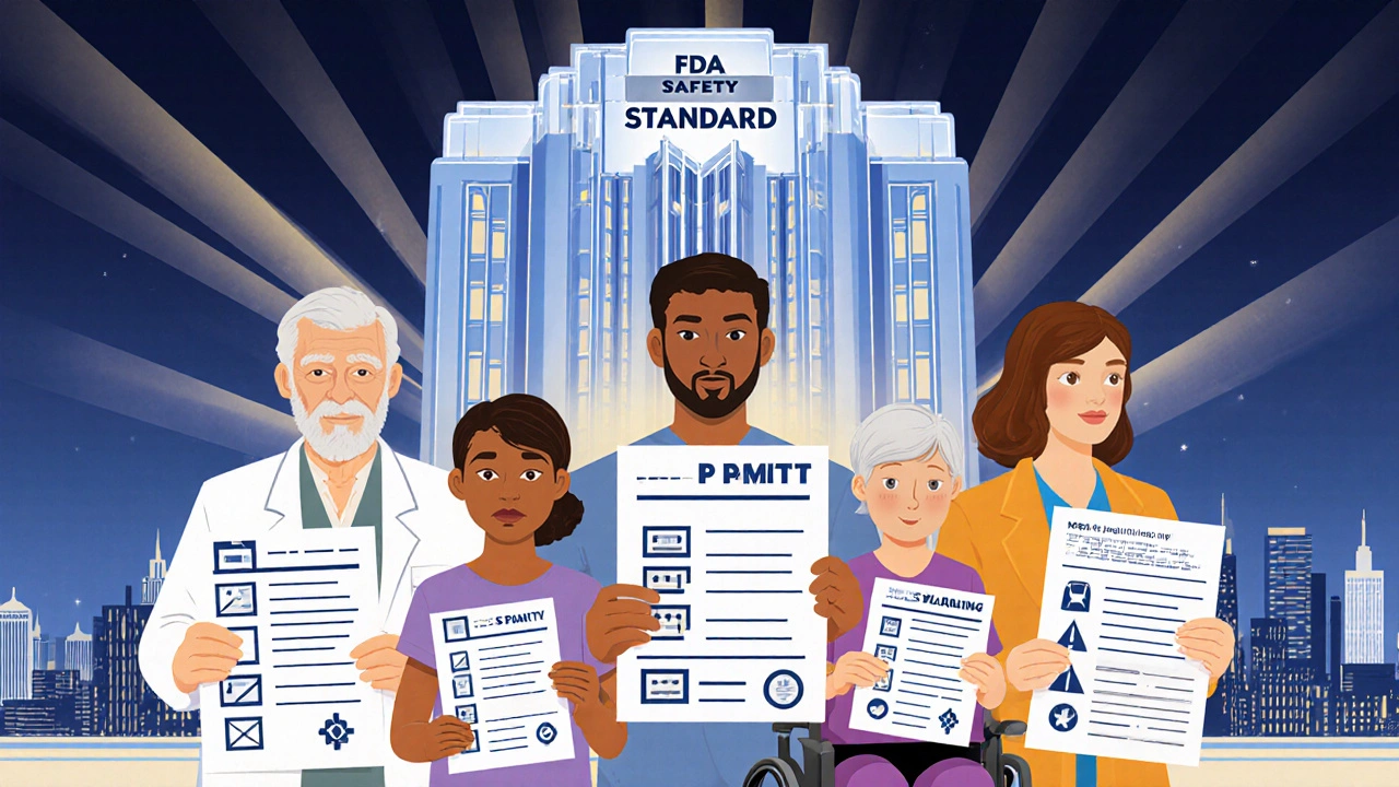Diverse patients hold clear PMI sheets under a monumental FDA safety building with geometric lighting.