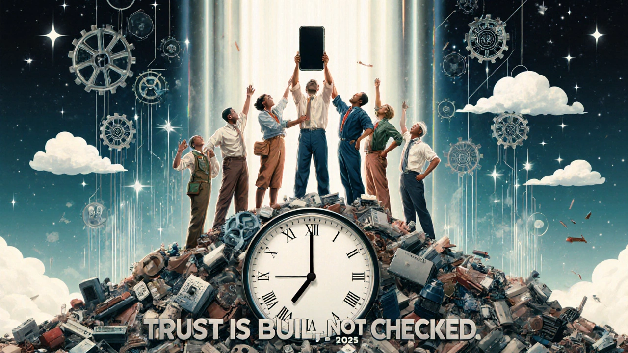 Diverse team raises a perfect smartphone above a pile of failed products, surrounded by gears and cloud symbols in Art Deco aesthetic.