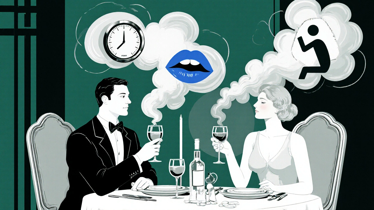 Elegant couple at dinner with pill bottle and wine glass, their bodies fading into smoke shaped like overdose warnings.