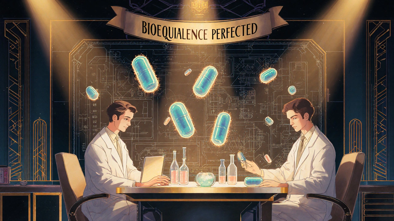 Futuristic lab with floating 3D-printed pills and nanoparticles, illuminated in golden Art Deco lighting.