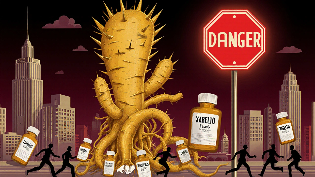 Giant turmeric root entangling blood thinner pills over a hospital city, with red warning sign.