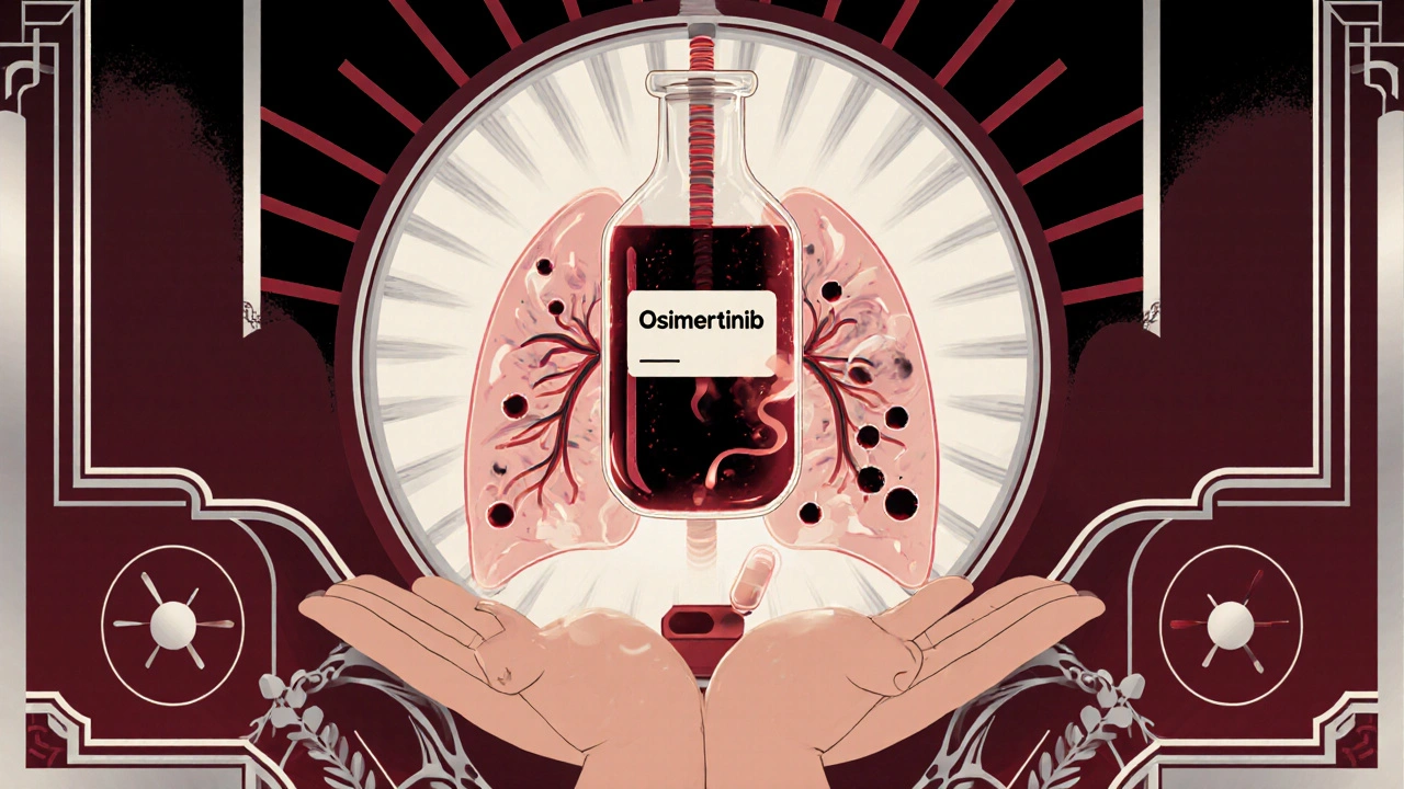 Glowing blood vial with DNA strands and targeted pill above a dissolving lung in Art Deco style.