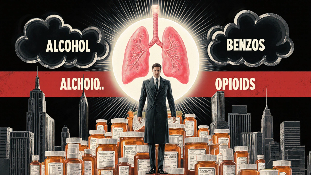 Medical hero standing against a mountain of pills, protecting a glowing lung with rays of light pushing back danger symbols.