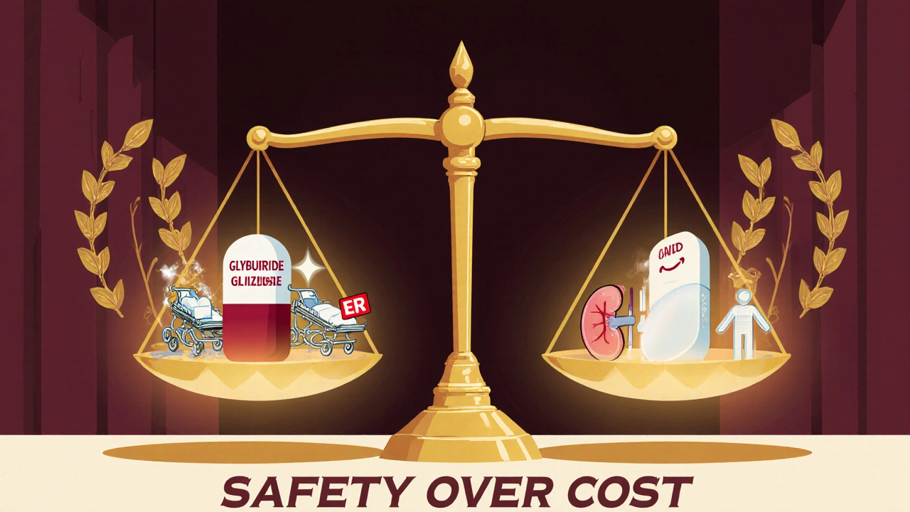 Medical scale balanced between dangerous glyburide and safe glipizide, with health icons and Art Deco styling.