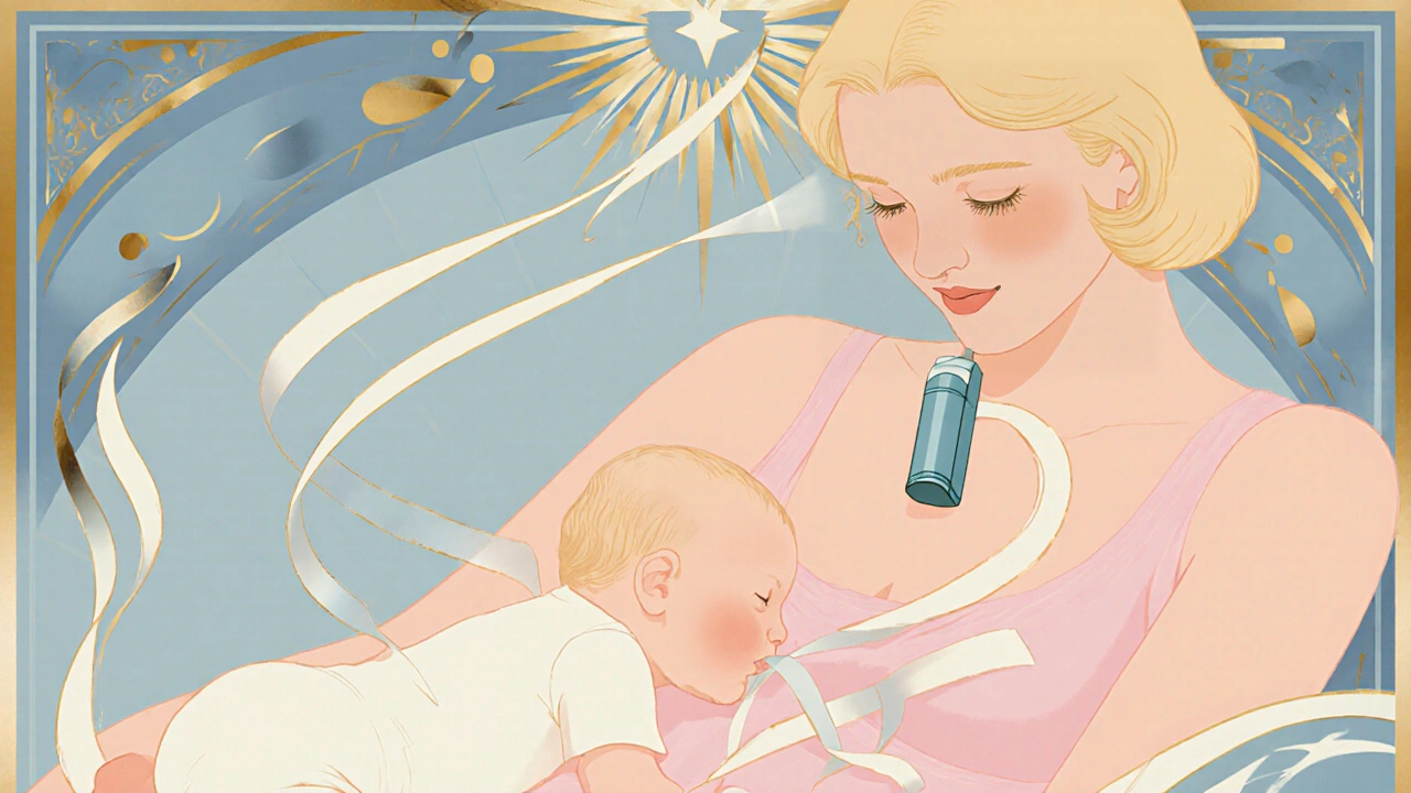 Mother breastfeeding with air currents flowing safely to her baby, stylized in Art Deco design.