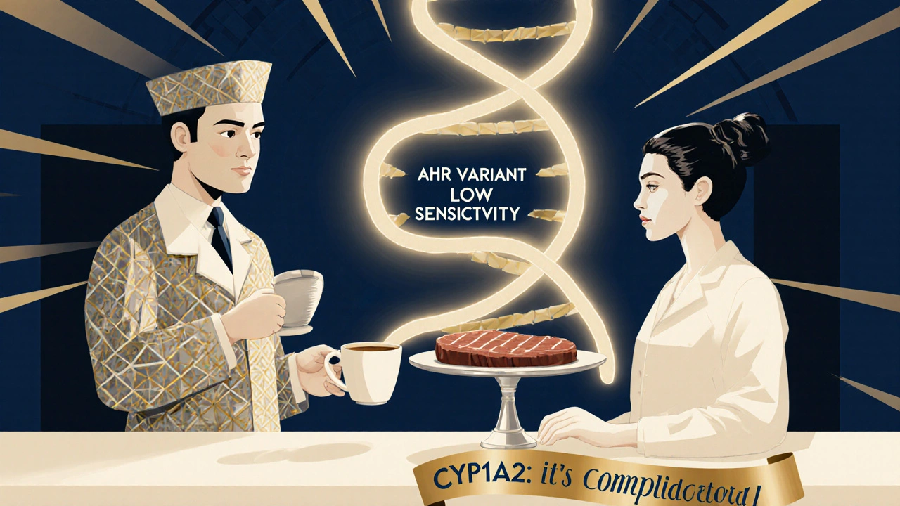 Pharmacy scene with pharmacist giving coffee and steak, glowing gene helix in background showing low sensitivity.