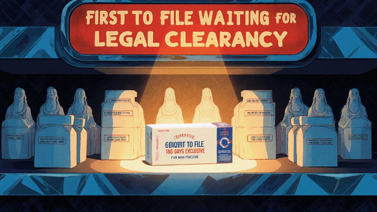 Pharmacy shelf with one generic drug glowing under spotlight while others remain frozen, waiting for legal approval.