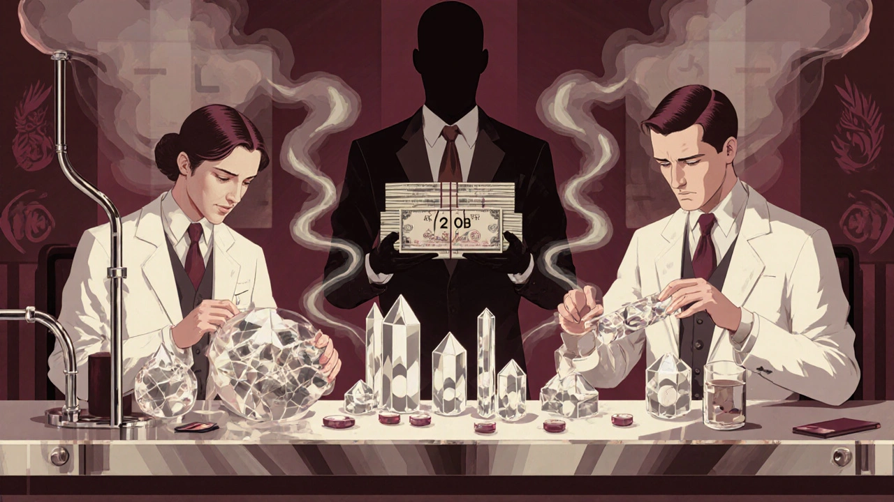 Scientists crafting drug forms while a shadowy figure counts money in a stylized lab.