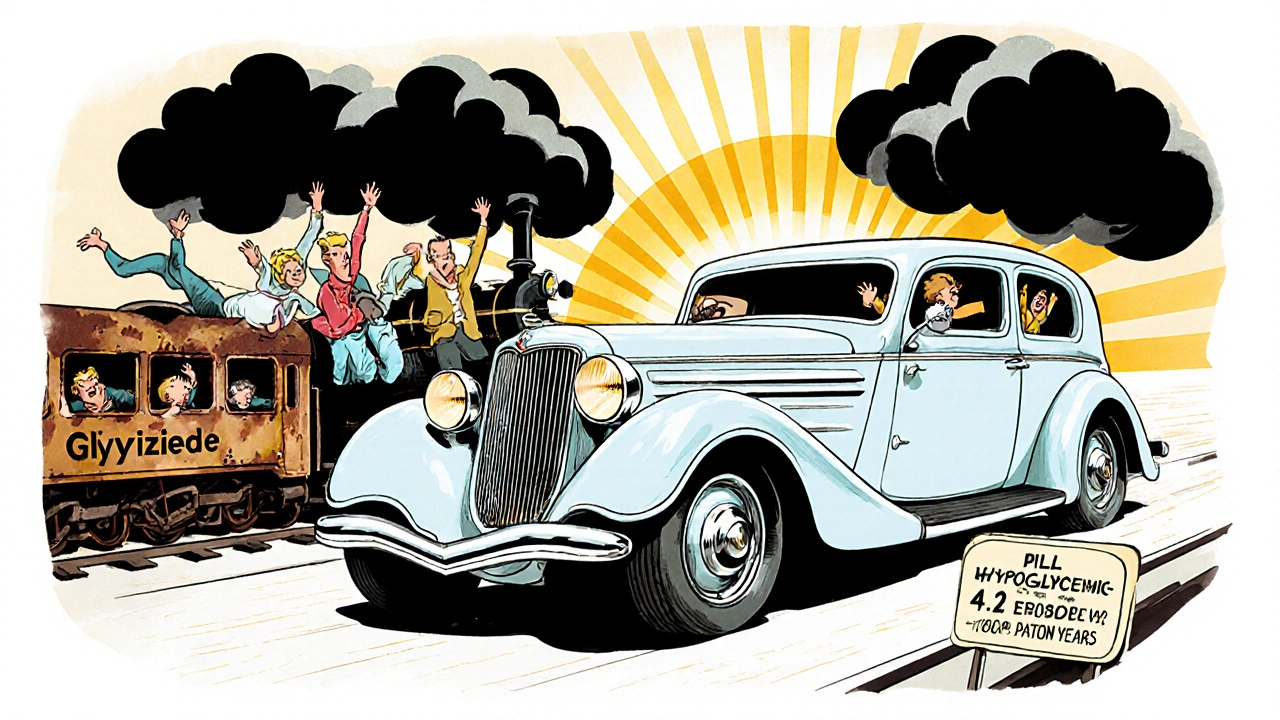 Sleek glipizide car speeding past a dangerous glyburide train, with patients falling into hypoglycemia clouds.