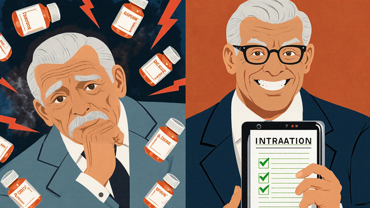 Split illustration: chaotic medicine bottles on one side, calm checklist and green report on the other.