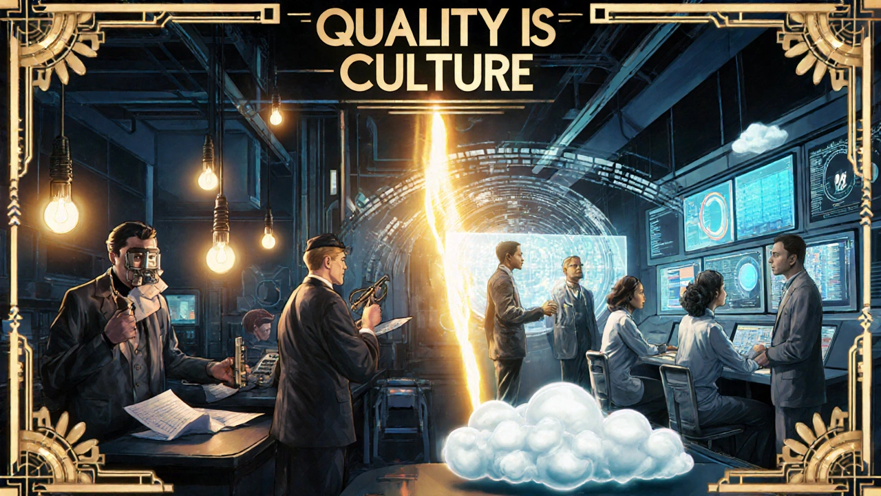 Split illustration: manual inspection on left, digital quality control on right, connected by golden light in Art Deco style.