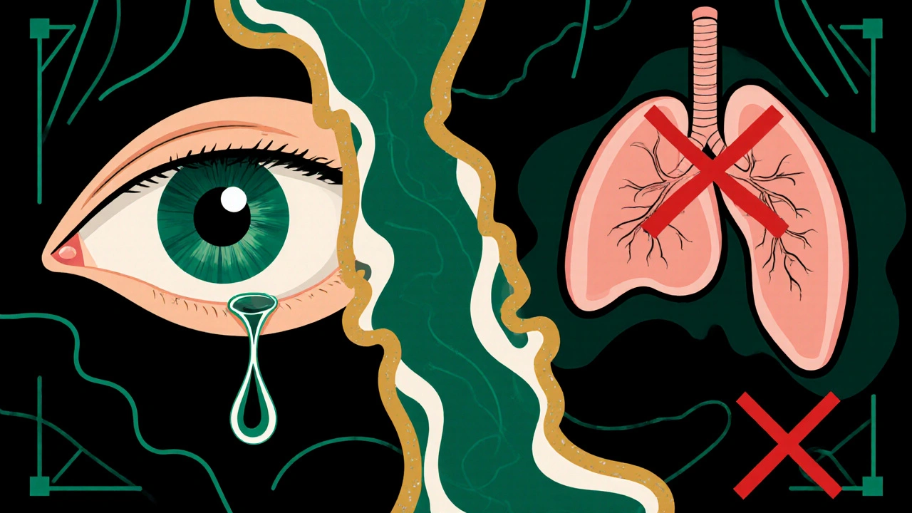 Split-image Art Deco ad contrasting safe eye drainage with beta blocker risks to heart and lungs.