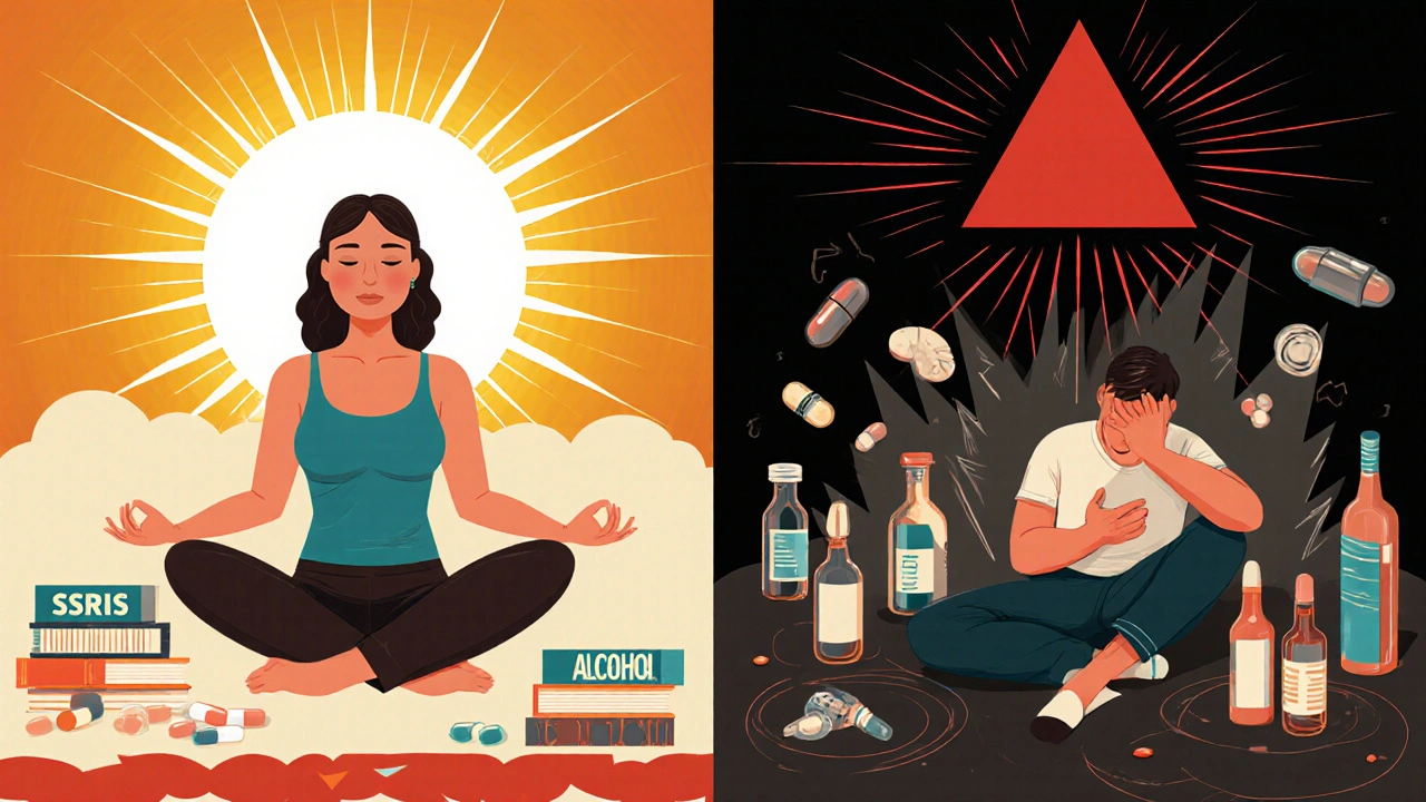 Split image: calm wellness vs. dangerous drug mix, rendered in geometric Art Deco style.