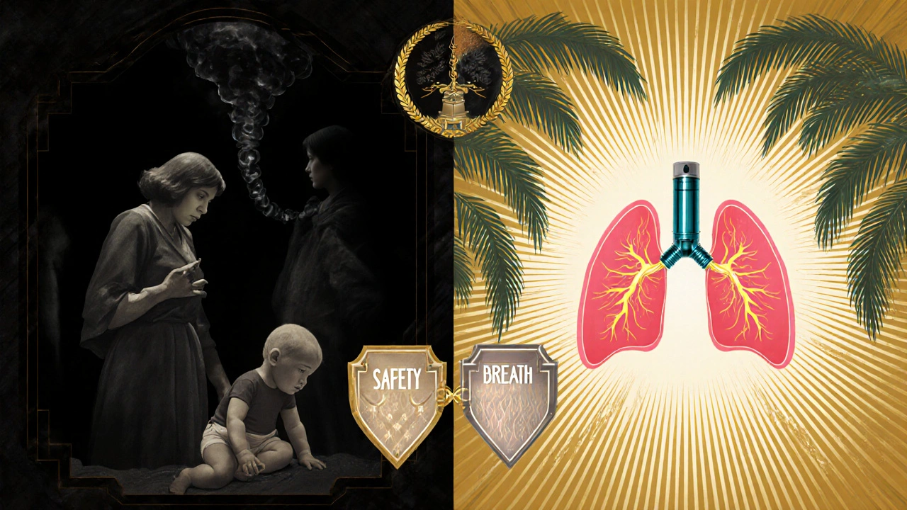 Split image: dark restricted breathing vs. bright, safe airways with inhaler as a beacon.