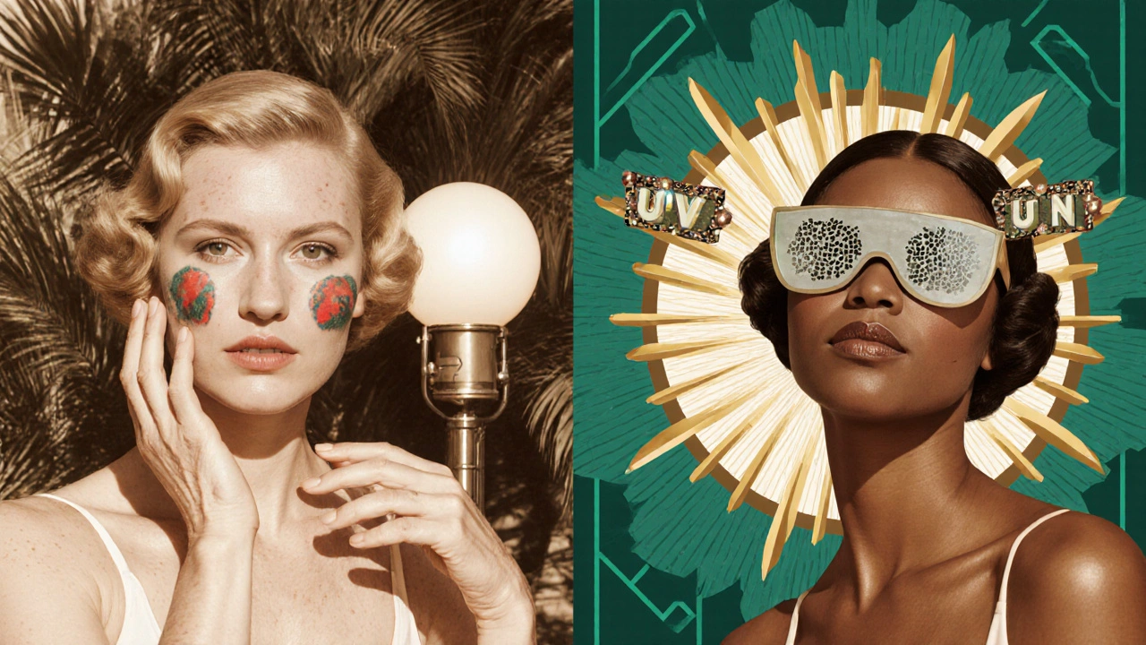 Split image showing sun damage vs. melasma with geometric sun rays and protective shields.