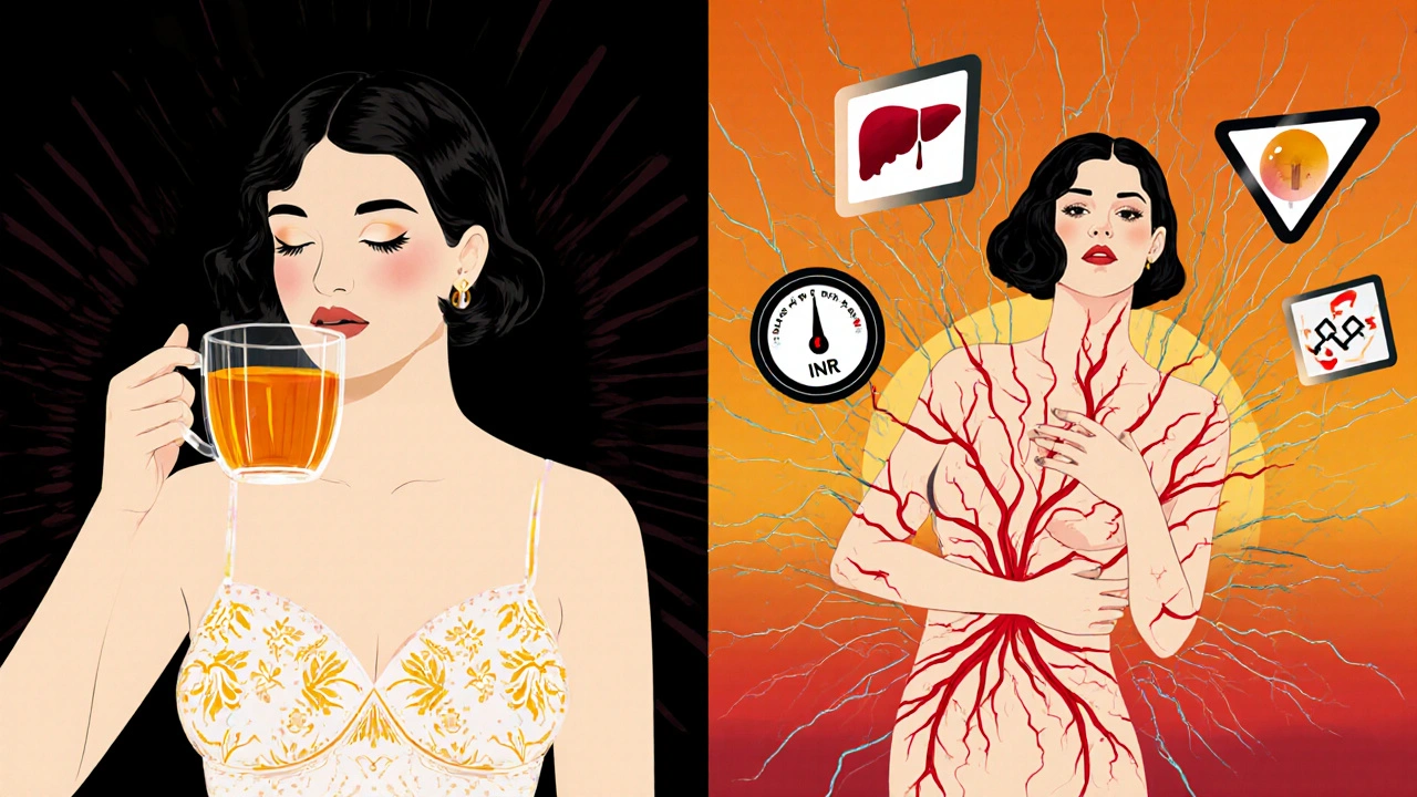 Split scene: calm turmeric tea vs. violent internal bleeding in elegant 1920s advertising style.