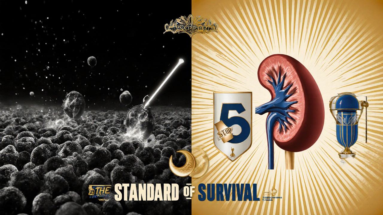 Split scene: chaotic immune attack vs. a kidney guarded by three sleek, symbolic defense icons.