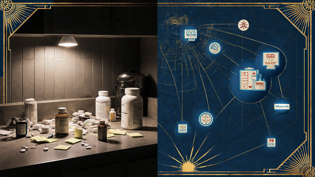 Split scene: messy pill bottles vs. a connected digital medication system in Art Deco design.