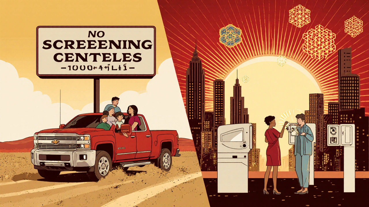 Split scene: rural drive for screening vs. urban clinic with AI patterns in Art Deco advertising style.