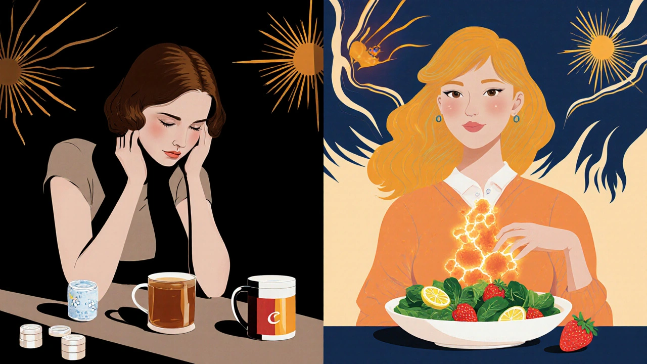 Split scene: tired woman with inhibitors vs. energized woman with vitamin C and iron-rich foods