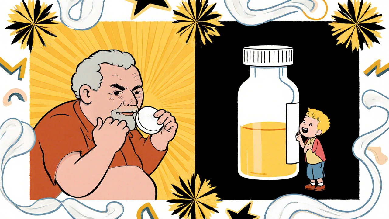 Split-screen comparison of an elderly man struggling with a large pill versus a child easily taking a liquid dose.