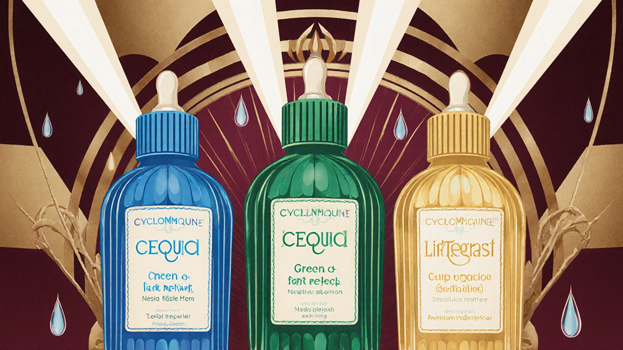 Three prescription eye drop bottles in Art Deco design, emitting different colored light rays representing their effects.