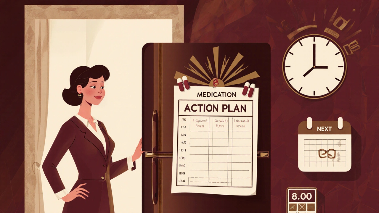 Woman at home with a medication plan on her fridge, pill organizer, and digital device nearby.