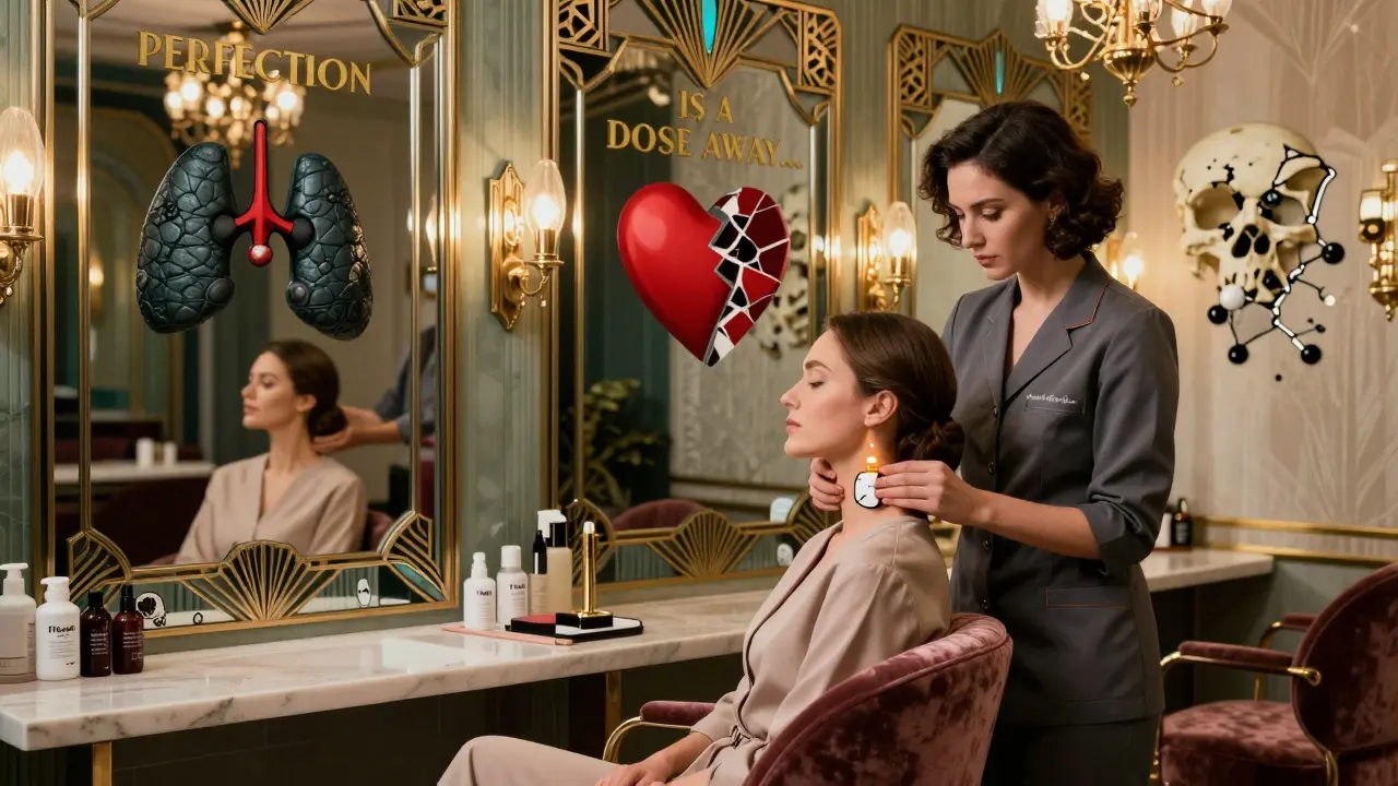 A doctor applies thyroid serum like a beauty treatment, while mirrors show healthy and damaged body outcomes.