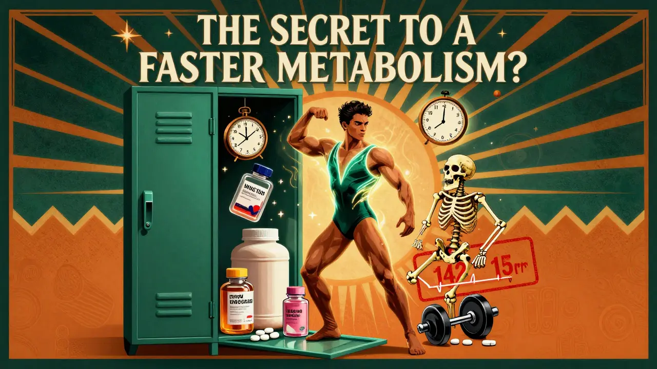 A gym locker reveals hidden thyroid pills beside fitness gear, with surreal health warning icons floating nearby.