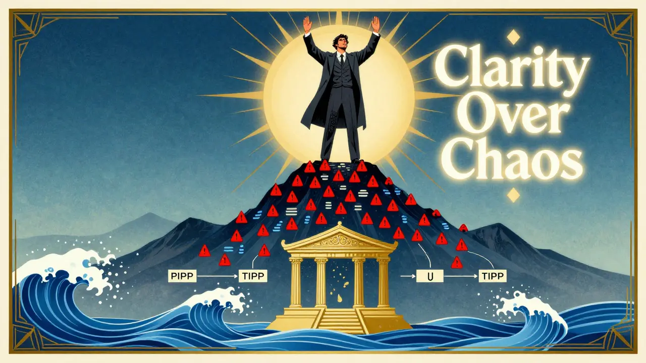 A heroic figure commands calm above a mountain of alerts, with TIPP pillars and a golden 'Clarity Over Chaos' banner.