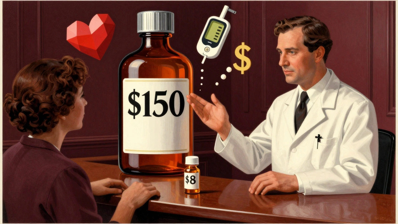 A pharmacist hands a low-cost pill bottle to a customer while a high-cost bottle looms in the background.