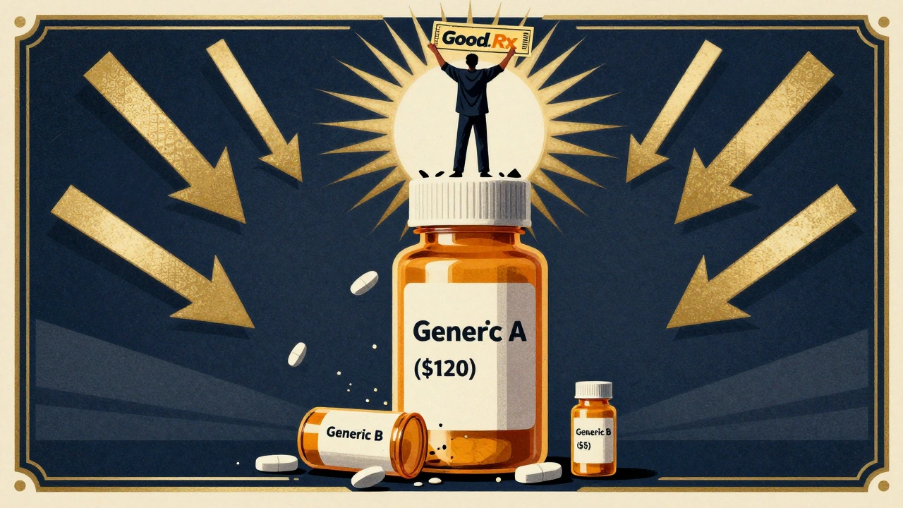 A stack of expensive pill bottles collapses as a patient stands atop a tiny  bottle with a GoodRx coupon.