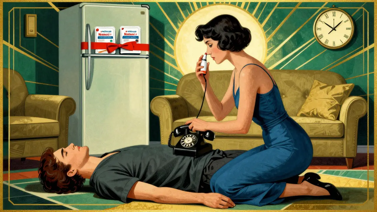 A woman administers naloxone to an unresponsive person while calling 911, with kits visible on the fridge.