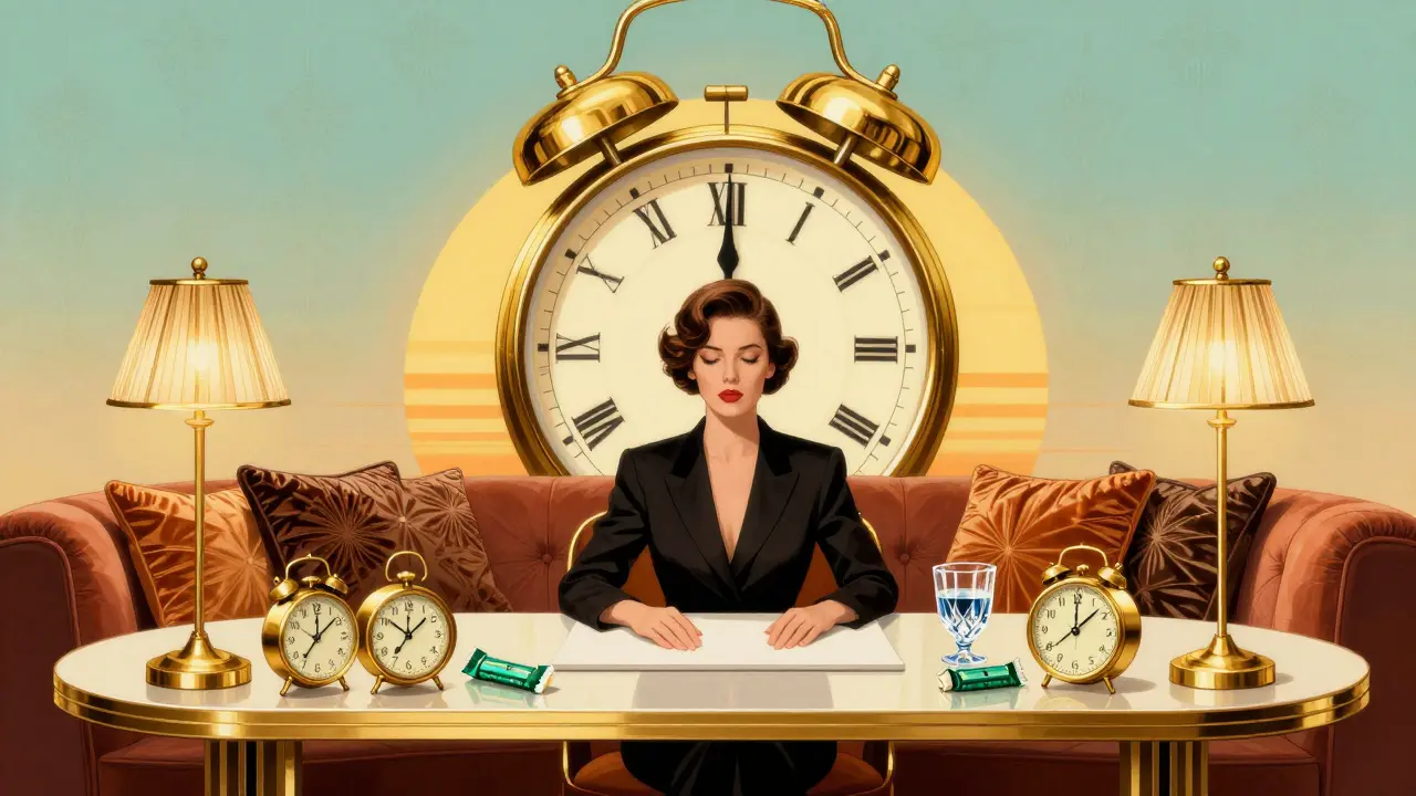 A woman practices grounding techniques at a stylish desk with Art Deco objects, while a melting alarm clock becomes a sunrise.