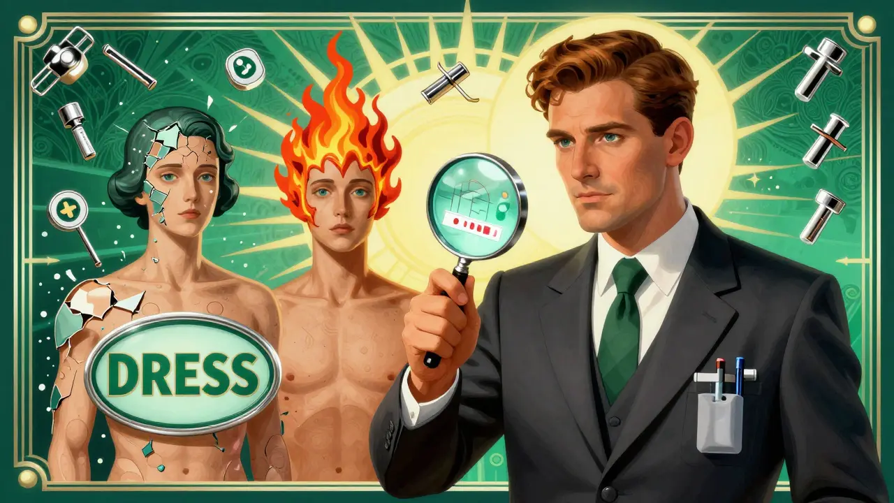 Allergist testing for drug allergies with surreal delayed reaction figures