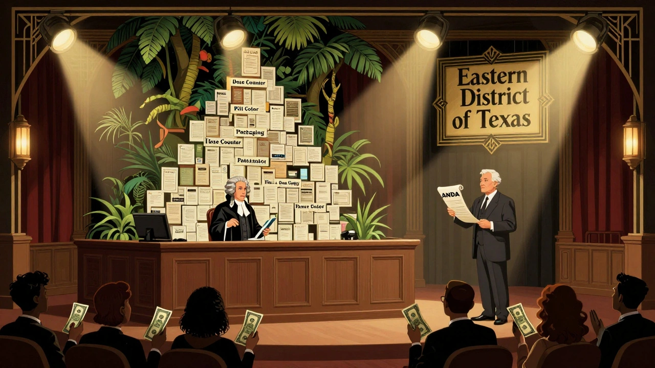 Art Deco courtroom with a towering wall of patents overshadowing a lone generic manufacturer.