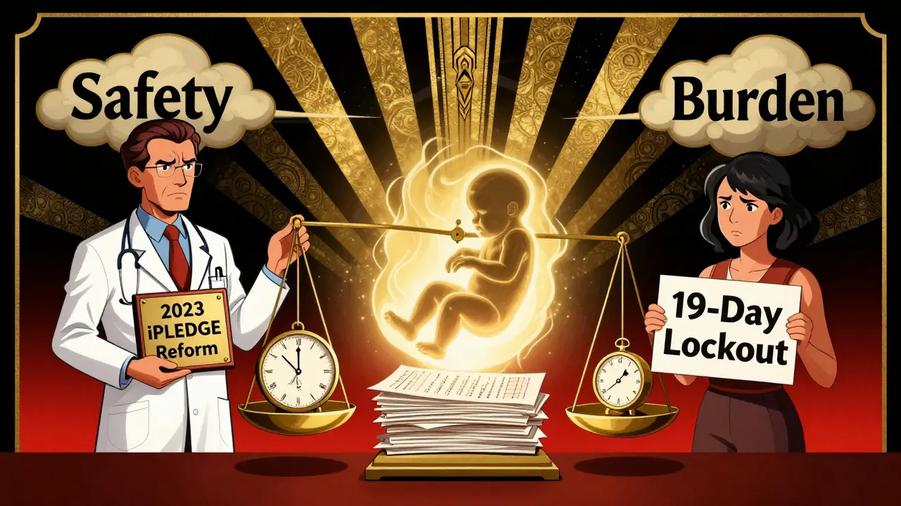 Balanced scale weighing fetal safety against patient burden, with reform symbols and dramatic lighting.