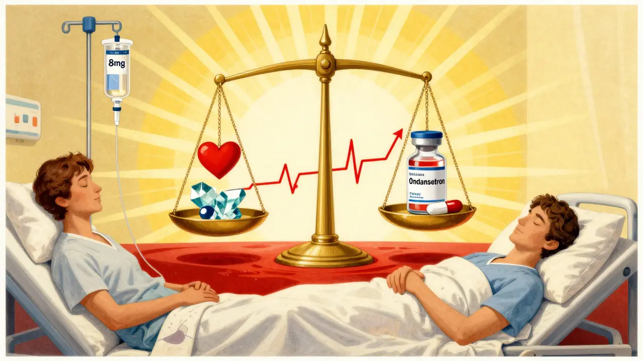 Balancing scale comparing ondansetron against safer alternatives like palonosetron and potassium, with a patient sleeping peacefully on the safe side.