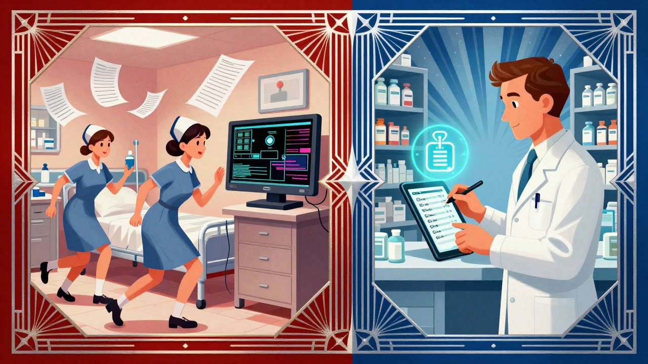 Chaotic hospital side contrasts with orderly pharmacy side, showing digital medication handoff with Art Deco geometric style.