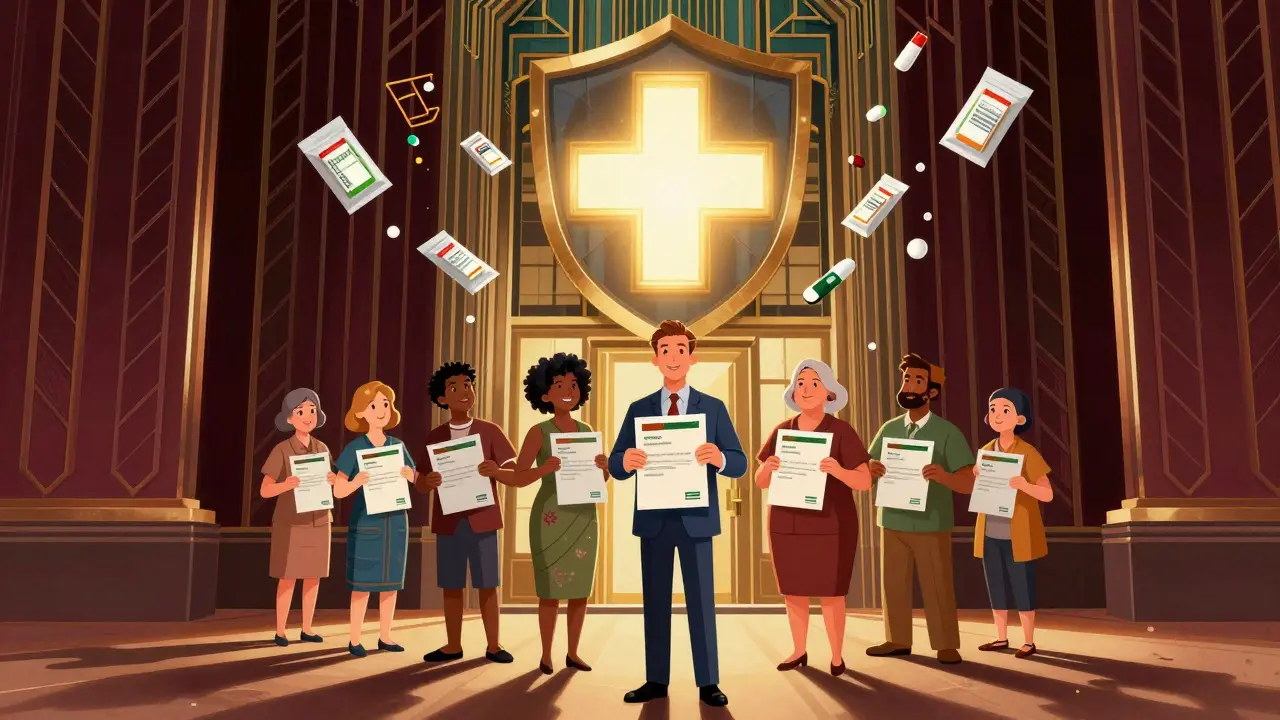 Community protected by pharmacy shield from counterfeit drugs, licensed screenshots in hand.