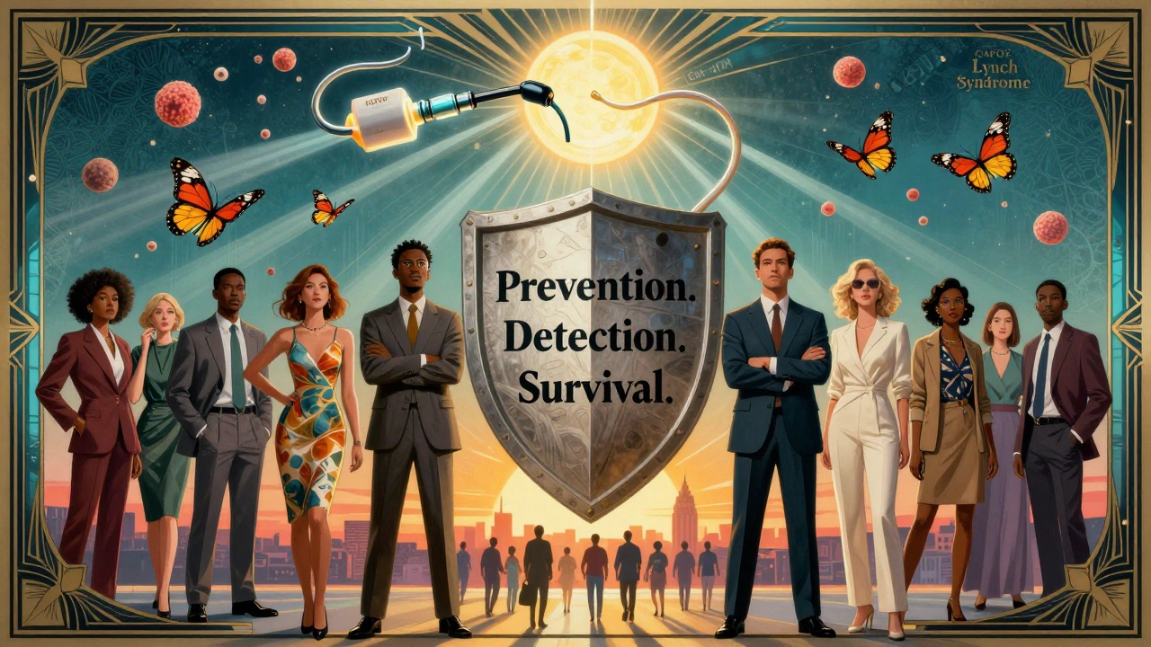 Diverse group united under a shield shaped like a colon, with AI-enhanced endoscope casting light, symbolizing prevention and hope.