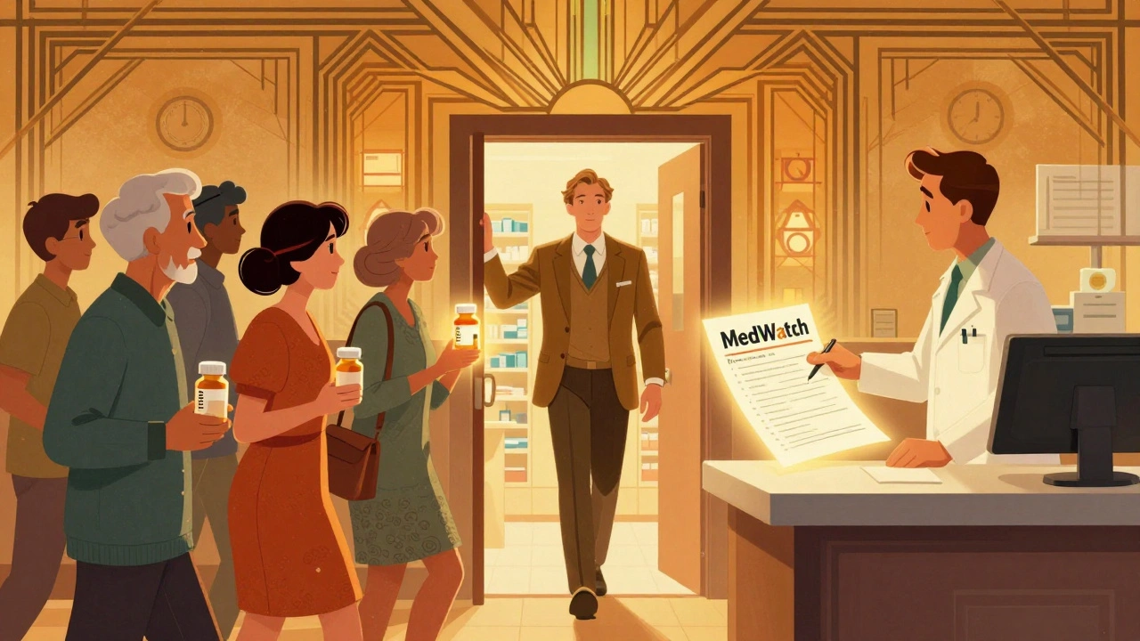 Diverse patients entering pharmacy, one glowing with warning, pharmacist handing out MedWatch report in Art Deco setting.