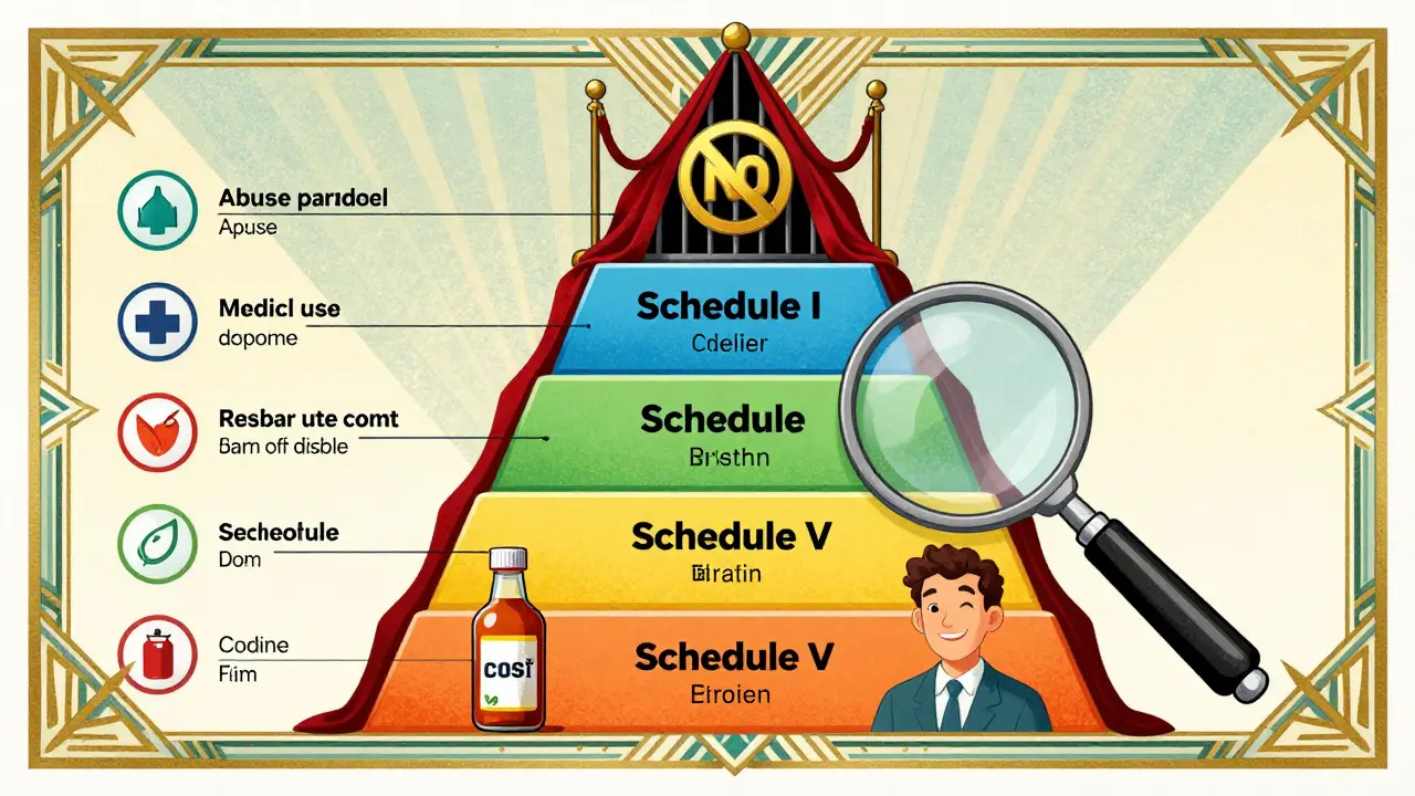 Five-level pyramid illustrating drug schedules with stylized icons and bold colors in Art Deco advertising style.