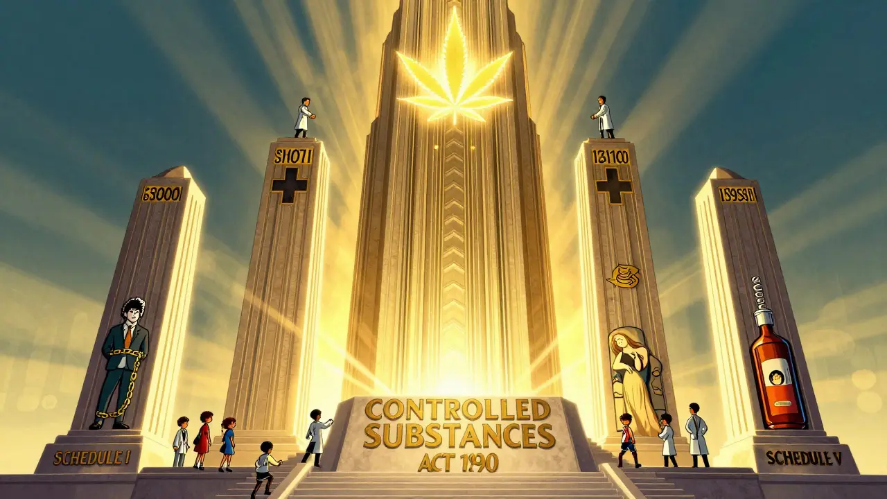 Five-pillar monument representing drug schedules under the Controlled Substances Act.