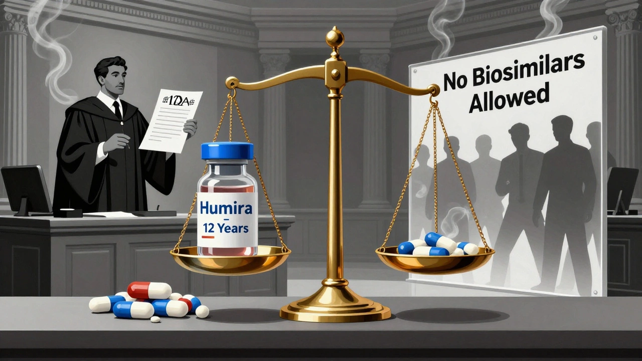Gilded scale balancing a biologic vial against generics, with FDA decree and barred competitors.
