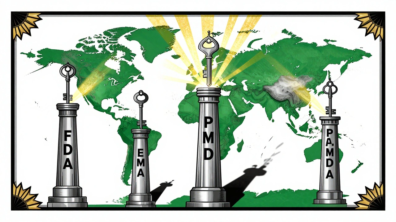 Global regulatory pillars holding different keys under Art Deco sunbursts, symbolizing fragmented NTI drug approval systems.