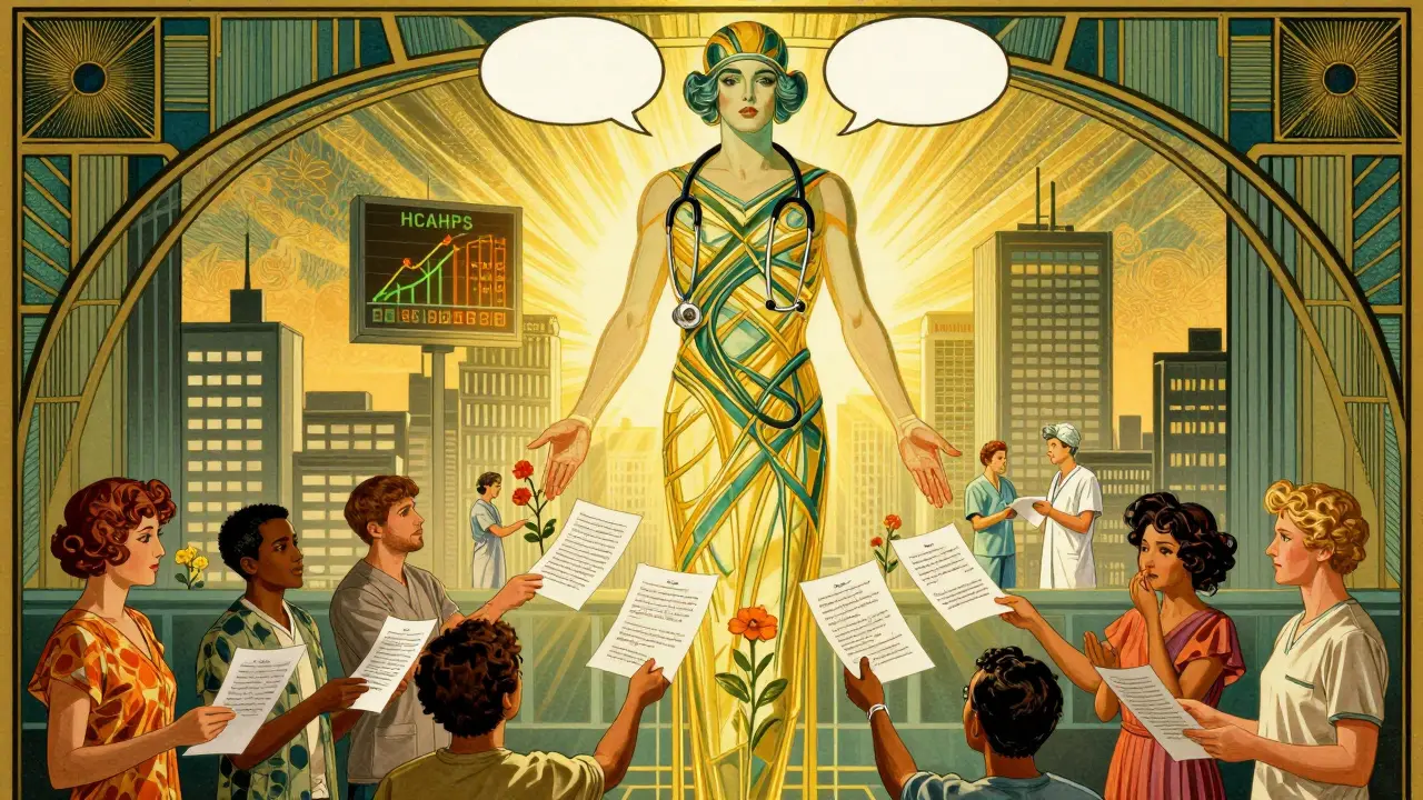 Heroic figure of stethoscopes and speech bubbles dissolving barriers between patients in a glowing cityscape.