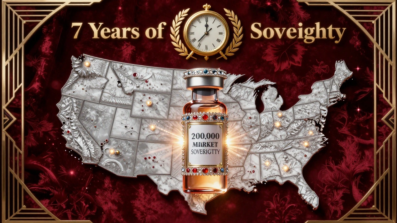 Luxurious orphan drug vial above a map of 200,000 dots, crowned with a 7-year golden clock.