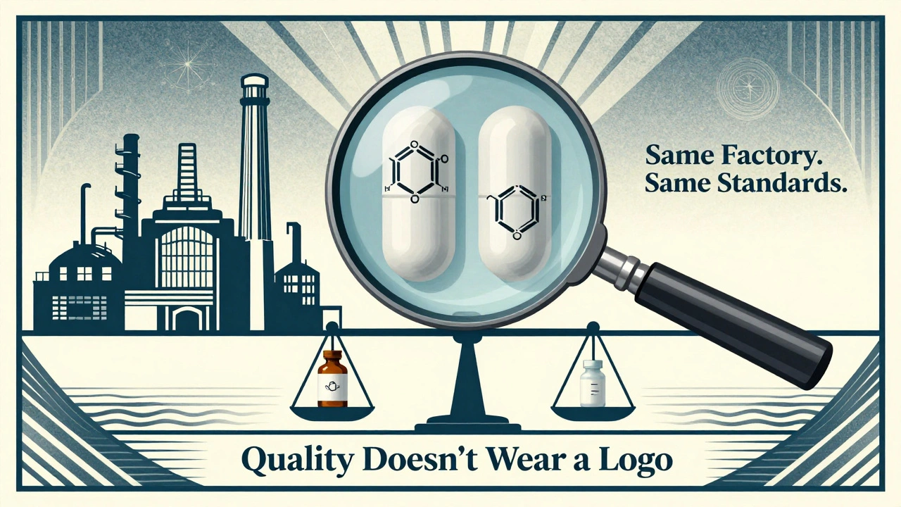 Magnifying glass reveals identical pill internals, with factory and balanced scale in Art Deco style.