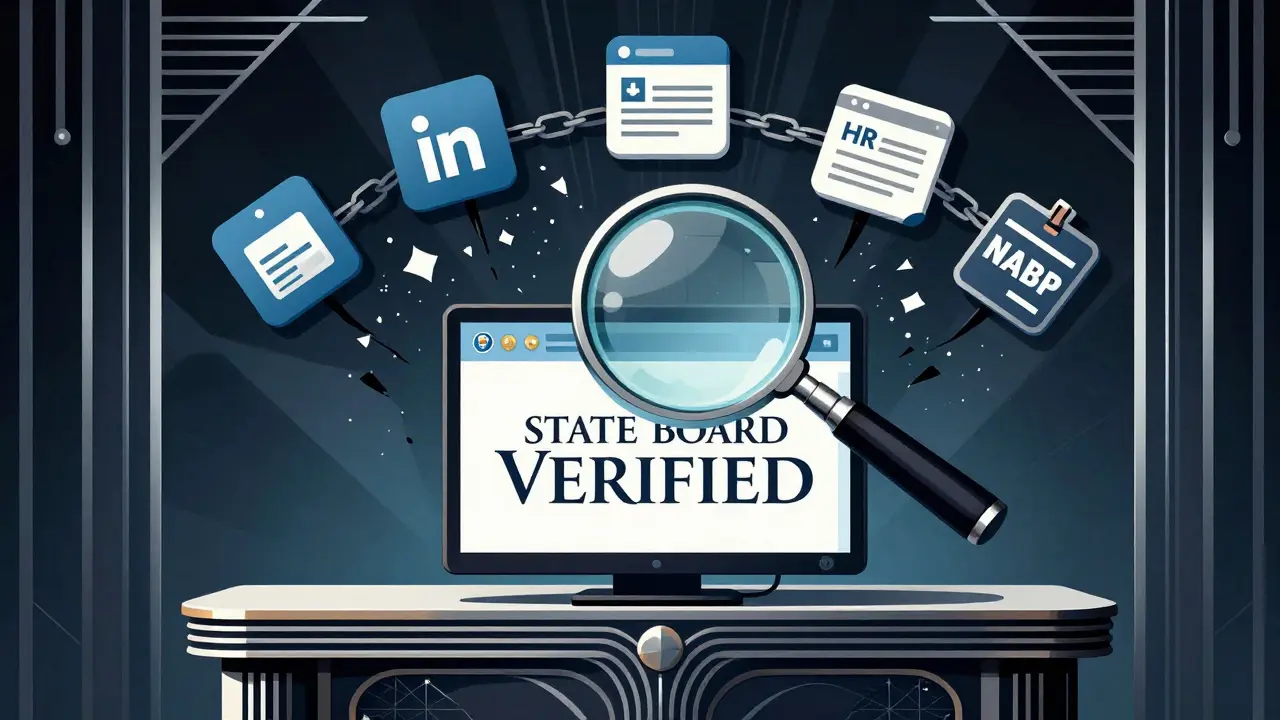 Magnifying glass verifying license on art deco screen, broken third-party icons in background.